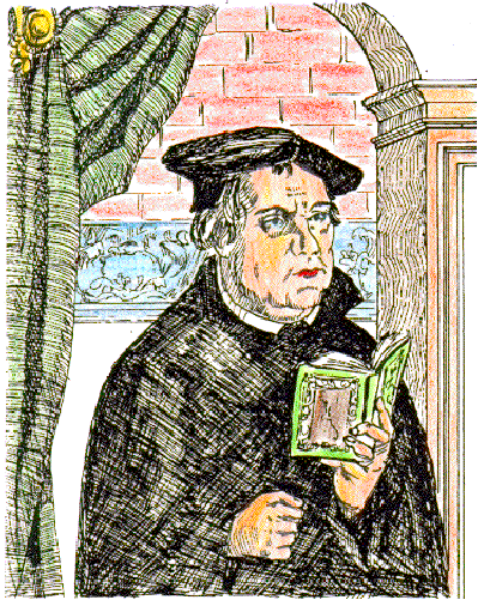 The image shows a cartoon of an older man wearing glasses with his hands clasped together over what appears to be a book; he is depicted in profile view against a background that includes other figures but does not provide enough detail for description.