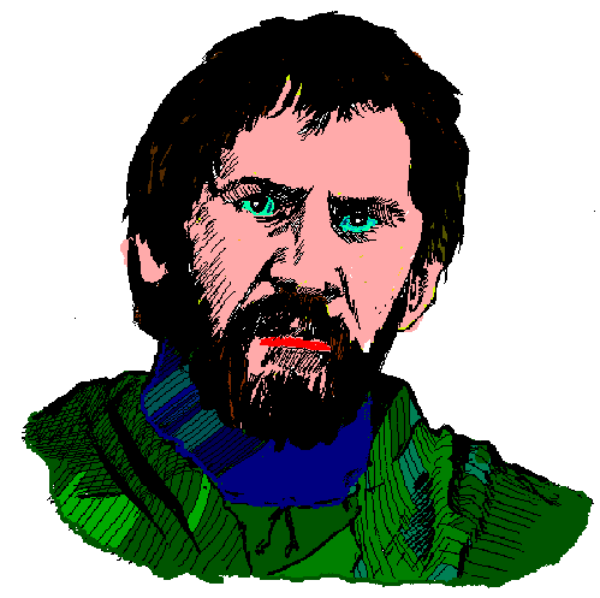 The image shows a pixelated representation of two men's faces with beards against different backgrounds; on top is an older man in profile facing left wearing glasses and has gray hair, while below him appears to be another younger male figure also depicted from the side but without any facial features or details.