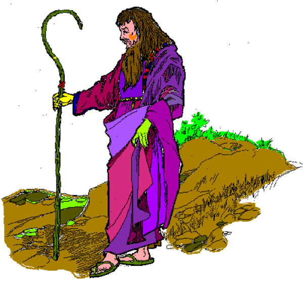 The image shows a pixelated representation of an individual standing on dirt with what appears to be a staff next to them; there is also another figure in purple robes sitting down beside some plants that resemble carrots, and both figures seem to have long hair or mane-like features at the top.