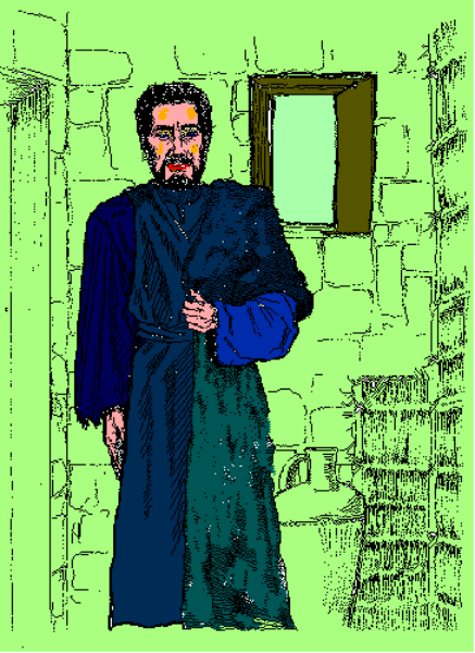 The image shows a pixelated representation of an elderly man dressed as a priest standing next to what appears to be a door with windows in a room that has green walls.