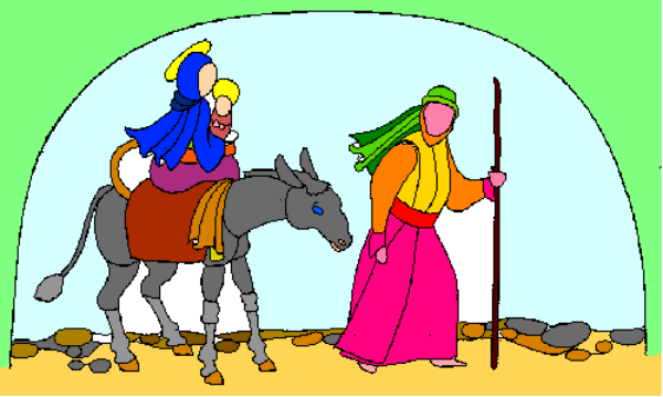 The image shows a pixelated scene with two characters riding horses under an archway; there is no text present within this small clip-art picture.