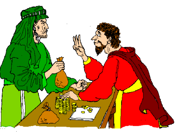 The image depicts a scene with two figures that appear to be engaged in an activity at what looks like a table; however, due to its small size and low resolution, specific details about their identities, actions, objects on the table, or any other elements of this clip-art are not discernible.