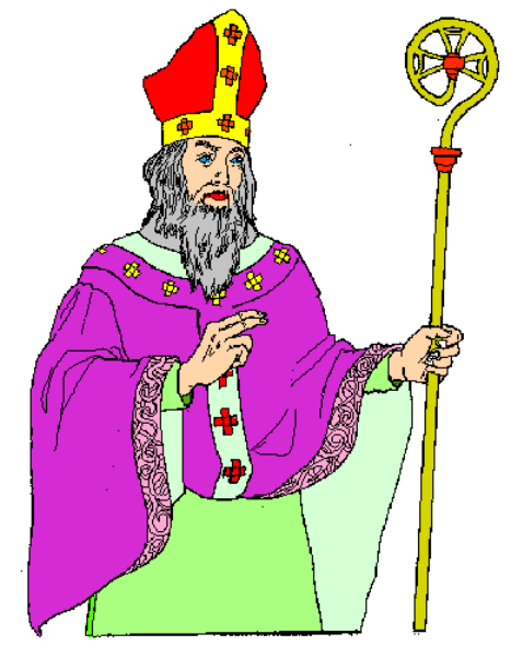 The image shows a cartoon depiction of an elderly man with white hair wearing religious attire including purple robes, red hat adorned with gold trim, holding what appears to be a staff in his right hand and standing against a plain background.