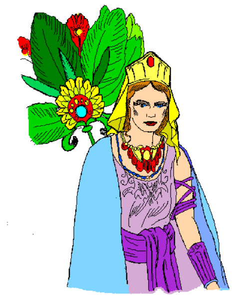 The image shows a pixelated representation of an animated character with blonde hair wearing blue clothing standing next to what appears to be a plant with green leaves on top and red flowers at its base against a white background, giving it a cartoonish appearance.