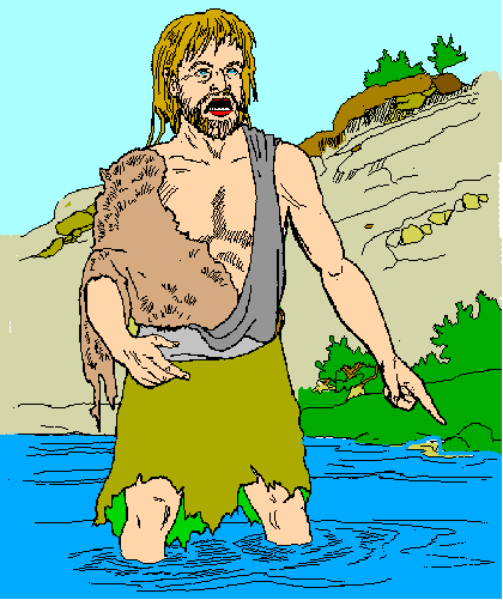 The image shows a pixelated character standing on land next to water with an island background; there is no text present within this small clip-art illustration.