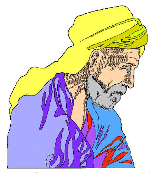 The image shows a cartoon of an elderly man with white hair wearing glasses, sitting down while holding what appears to be a book in his hands. He is dressed casually in blue clothing.