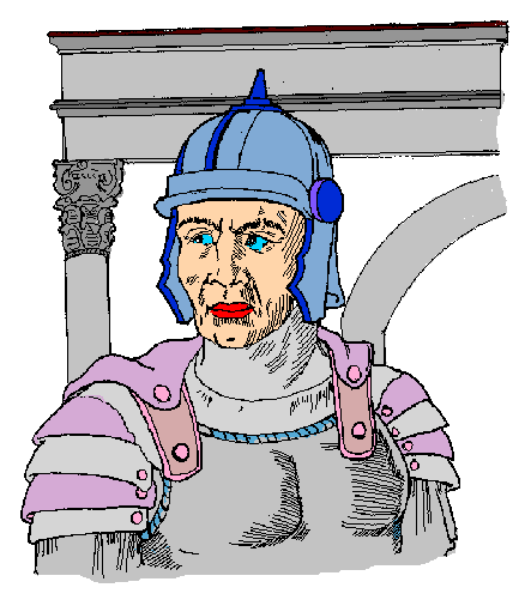 The image shows a cartoon character with blue hair wearing armor sitting on what appears to be an object that resembles a chair; there is no text present in this clip-art illustration.