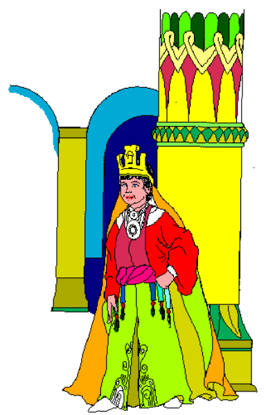 The image shows a colorful cartoon of an animated character with blue hair standing next to what appears to be a yellow building in front of which there is green vegetation on either side.