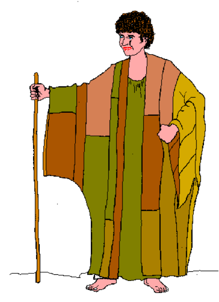 The image shows a stylized figure of an elderly man with white hair standing upright against a plain background; he is wearing traditional religious attire that includes robes in shades of yellow-orange and green, along with what appears to be a staff or scepter held horizontally across his body.