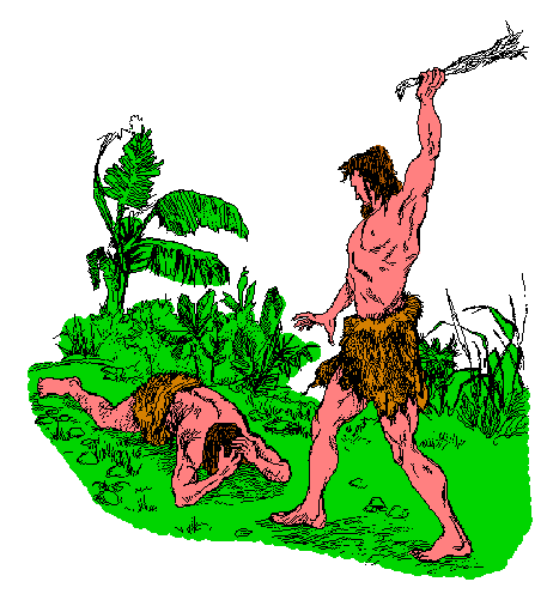 The image shows a pixelated depiction of an indigenous person with spears standing next to what appears to be a small animal in front of some foliage on grassy ground; there is no text present, and it's styled as clip-art art typically used for digital graphics or decoration.