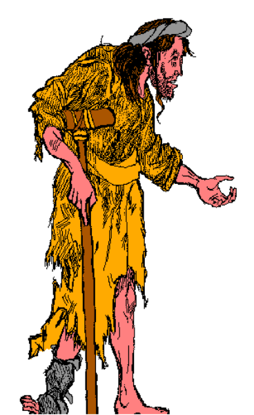 The image shows a pixelated figure of an elderly man walking with his arms outstretched against a plain background.