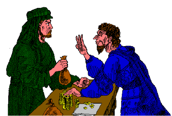 The image shows a pixelated scene of three animated characters engaged in conversation at what appears to be an old-fashioned table with papers on it; one character is gesturing while speaking, another seems attentive and slightly surprised by something being said, and there's no clear indication of the third.