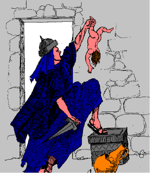 The image shows a pixelated representation of an open door with two figures standing on either side: to its left is what appears to be a person in blue attire holding something that looks like a broomstick, and to its right stands another figure dressed predominantly in red clothing who seems to have just entered the room. The background suggests it might be inside someone's home or an interior space with walls painted white.