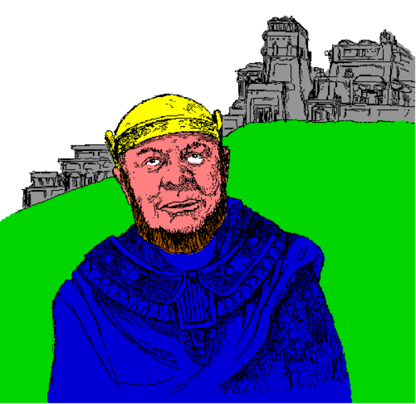 The image shows a pixelated representation of two different scenes: on top, there is an outdoor scene with grassy terrain under what appears to be clear skies; in this part of the picture, we see a person wearing blue clothing and sitting down facing towards us. Below that, another individual dressed similarly but standing up against a green background also looking at us directly from their face.