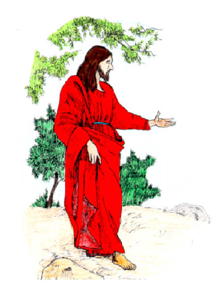 The image shows a stylized depiction of an individual dressed as Jesus Christ with outstretched arms against a background that appears to be a simple tree silhouette on either side.
