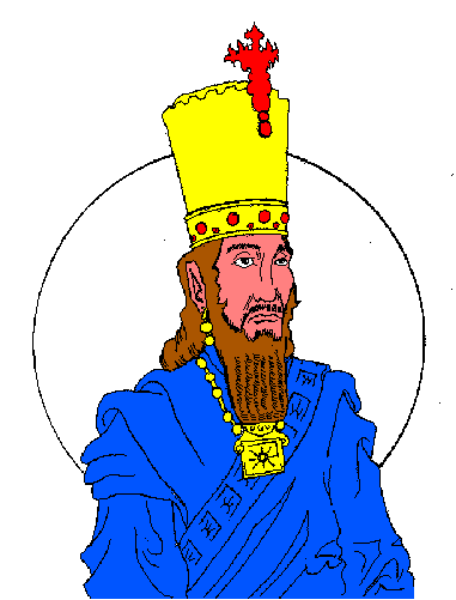 The image shows a pixelated figure of an individual wearing blue clothing with what appears to be a crown on their head; there is no background detail provided in this clip-art representation.