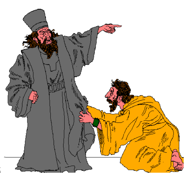 The image shows a pixelated scene with three figures: on the left side is an older man dressed as Santa Claus; in the center stands another figure that appears to be Jesus Christ based on traditional depictions, and next to him kneels what seems like Mary Magdalene or similar character from religious iconography. On the right side of the image are two men wearing yellow raincoats with hoods up over their heads, looking at Santa Claus; one man is pointing towards a figure in front of them while another appears to be speaking or gesturing toward it as well. The setting