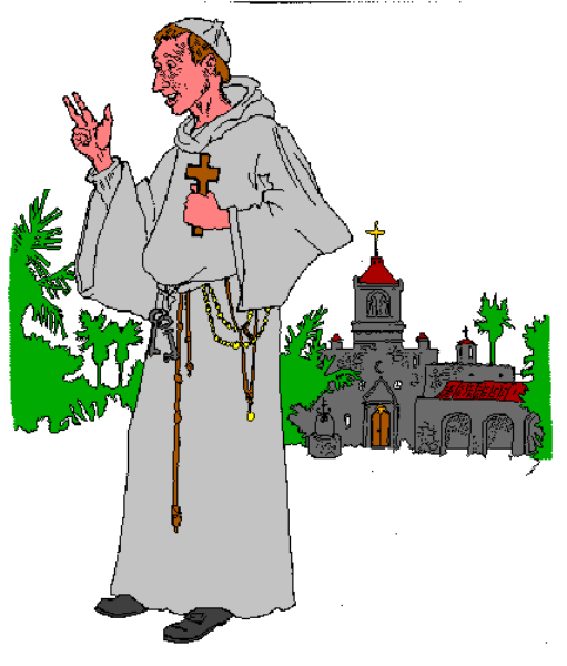 The image shows a pixelated representation of an animated character dressed as a priest holding what appears to be a book with both hands in front of him against a plain background.