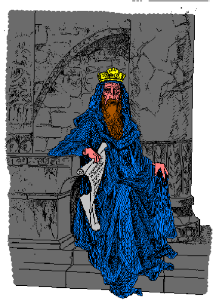 The image shows a pixelated representation of an animated character dressed as a medieval knight with blue armor riding on horseback in front of what appears to be a castle-like structure under clear skies during daylight hours, depicted against a gray background that resembles stone or concrete texture.