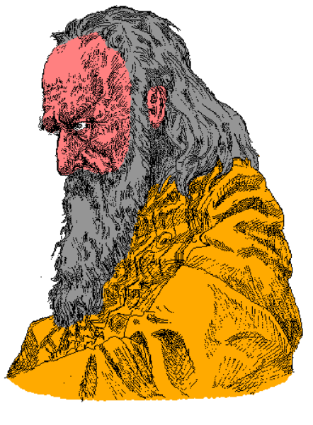 The image shows a pixelated representation of an elderly man with white hair sitting down; he is wearing glasses over his eyes and has facial features that include wrinkles around them. He appears to be in deep thought, as suggested by his focused gaze towards something not visible within this frame.
