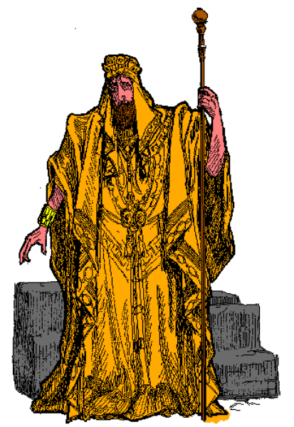 The image shows a pixelated representation of an object that appears to be a golden statue with two arms raised above its head; it is set against a plain background without any other objects present in this small clip-art format.