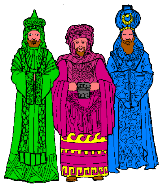 The image shows three colorful figures that resemble characters from a video game; each figure is wearing different colored robes with hoods covering their heads. They appear to be standing close together in front of what looks like an abstract background, possibly representing some sort of magical or fantasy setting due to the attire and style of the image.