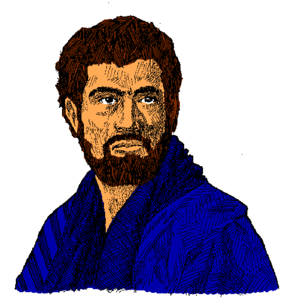 The images show a pixelated representation of an adult male with facial hair wearing what appears to be blue clothing; he is depicted in two different states: one where his head is turned slightly towards us (left) and another from behind, facing away from us (right).