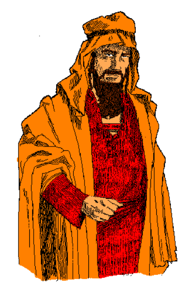 The image shows a pixelated figure of an individual wearing red clothing with what appears to be a hooded cloak over their head; there is no text present in this small clip-art picture.