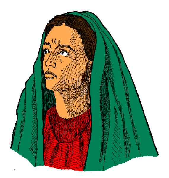 The image shows a pixelated representation of an individual wearing a green headscarf with red trim around their face; there is no background detail provided in this clip-art format.