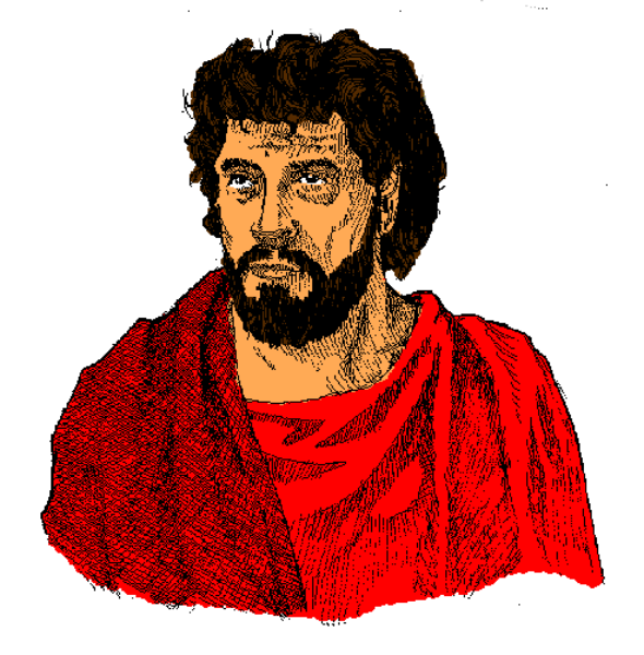 The image shows a pixelated representation of two different portraits side by side: on the left is an iconic figure with dark hair wearing red clothing; on the right is another individual depicted in profile view, also dressed in what appears to be traditional attire and sporting facial stubble.