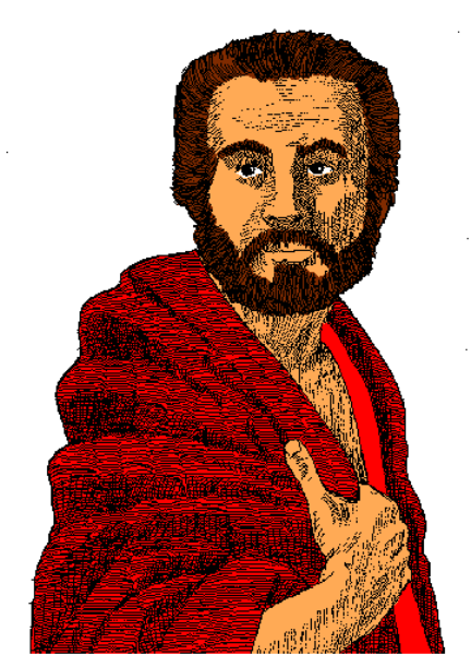 The image shows a pixelated character with facial hair standing against a plain background; he is wearing what appears to be red clothing that could suggest an outfit from historical times such as ancient Rome or Greece.