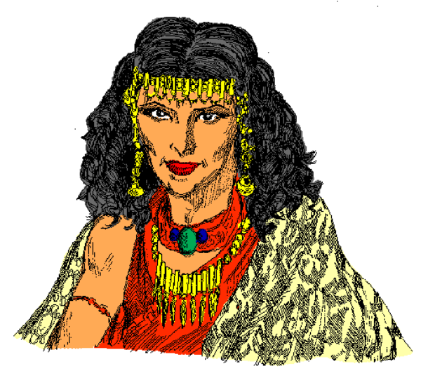 The image shows two pixelated portraits of a person with dark hair wearing traditional attire; no text is present in this clip-art representation.