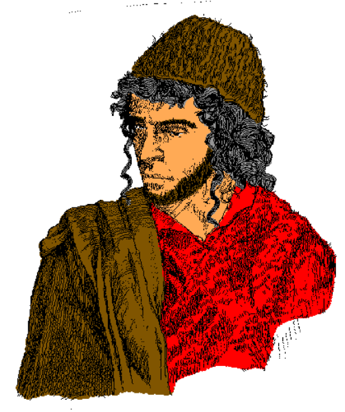 The image shows a pixelated portrait of an individual with brown hair wearing what appears to be red clothing against a white background.