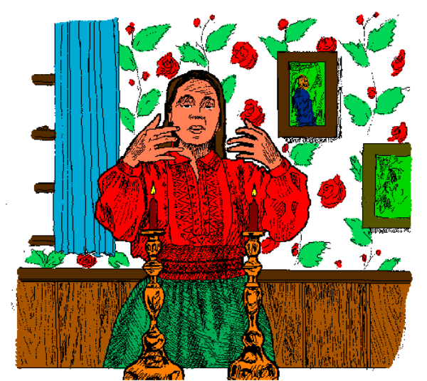 The image shows a pixelated character standing next to an item that resembles a Christmas tree with presents underneath it against what appears to be a wallpaper background featuring various items such as books and decorations.