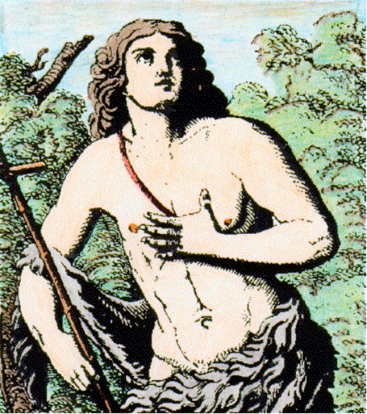 The image shows a pixelated illustration of an animated character that appears to be female with brown hair standing outdoors among greenery; she is wearing what seems like ancient Roman attire consisting of a short dress and no visible shoes, holding her breast while looking downward towards it.
