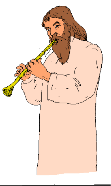 The image shows a cartoon of Jesus Christ playing an instrument that resembles a flute with two holes on either side; he is depicted in traditional Christian attire: long robe, sandals, and beard.