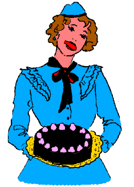 The image shows a pixelated representation of an animated character that appears to be female with blue hair wearing glasses, dressed as a flight attendant in uniform standing next to what looks like a cake decorated with icing flowers and leaves on top. She is holding her hands together at waist level while looking slightly upwards towards the viewer's perspective. The background of this image has been edited out or obscured by another object that resembles an airplane wing, which partially covers it from being fully visible in its entirety.