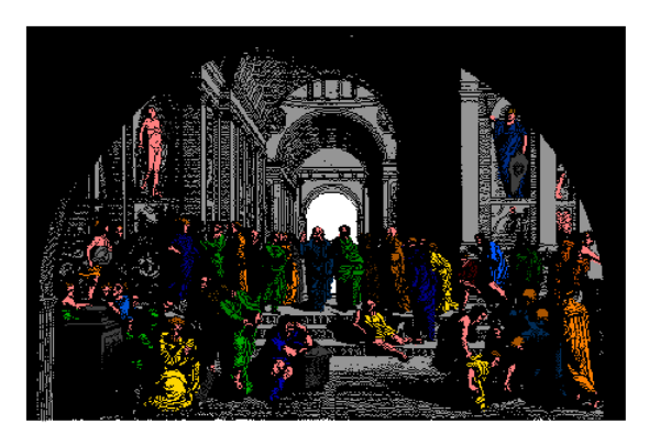 The image shows a pixelated scene with three panels: 1) A dark room interior; 2) An animated character in motion on what appears to be an escalator; 3) Another panel that is too small and blurry for me to discern any specific details about it, but seems like another part of the same setting. The style suggests a retro or early video game aesthetic with pixelated graphics typical of games from around the late '80s through mid-'90s.