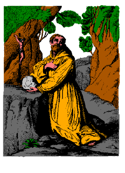 The image shows a pixelated graphic of an animated character who appears to be male with brown hair wearing yellow clothing standing next to what looks like a tree stump in front of him on rocky terrain under clear skies, and he is holding something that could possibly resemble food or fruit.