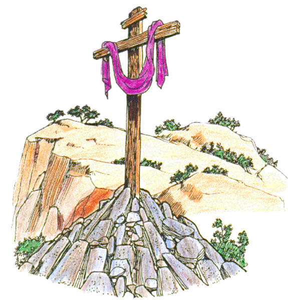 The image shows a cross with an attached flag on top of it against a background that appears to be a landscape scene featuring hillsides covered in vegetation under what seems like clear skies.