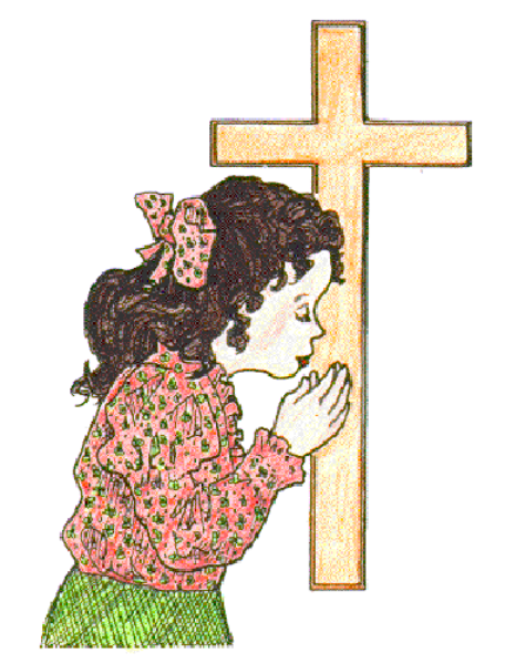 The image shows a pixelated representation of an individual praying at a cross with their head bowed downwards towards it.