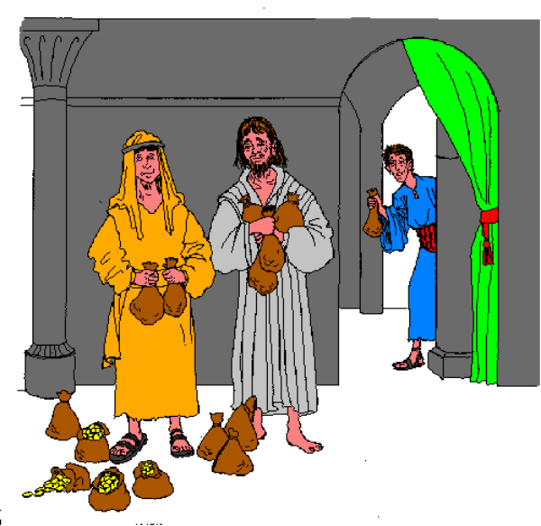 The image shows a pixelated scene with two characters standing inside an open doorway of what appears to be a building; there is no text present in this clip-art representation.