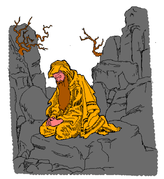The image shows a pixelated depiction of an orange figure sitting on what appears to be rocky terrain with two towering structures in the background that resemble pillars; there is no text present within this small clip-art illustration.