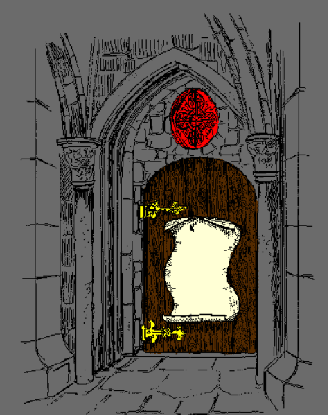 The image shows a bottle with an orange label inside of which there appears to be something red glowing at its base; it is set against what looks like stone walling in front of another darker area that could suggest more depth, and above this scene hangs a small light fixture or lamp shade.