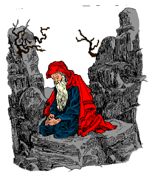 The image shows a stylized illustration of an elderly man with white hair sitting on rocks next to what appears to be a cave entrance; he is wearing red robes and has a beard.