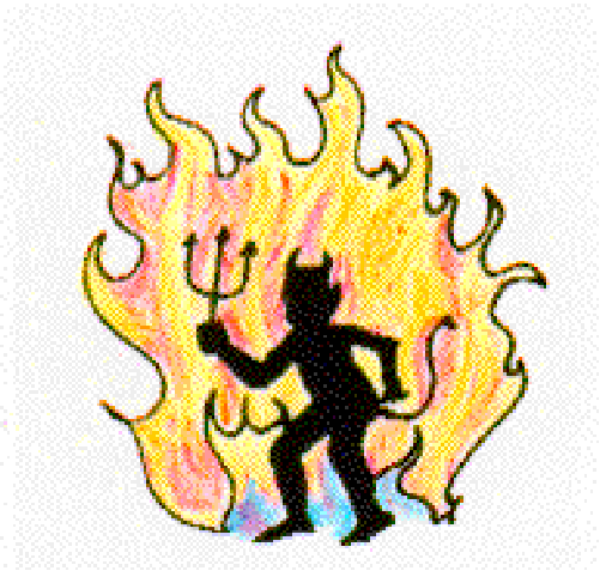 The image shows a cartoon of an animated character standing inside a fiery explosion with flames surrounding it from all sides; there is no text present in this clip-art graphic.
