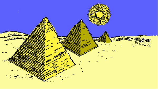 The image shows a pyramid with three smaller ones on top of it against an ocean background.