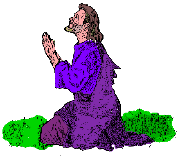 The image shows a pixelated graphic of an animated character kneeling on grass with hands clasped together as if praying, set against a plain background that resembles sky.