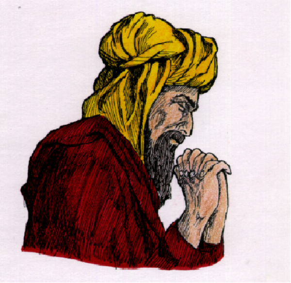 The image shows a pixelated character with an orange beard sitting down on what appears to be a chair, wearing red clothing that could suggest royalty or nobility status.