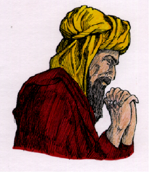 The image shows a stylized depiction of an individual with long hair wearing what appears to be traditional Middle Eastern attire in shades of red and gold against a white background; there is no text present, nor any other objects that can confidently be identified or described within this small clip-art.